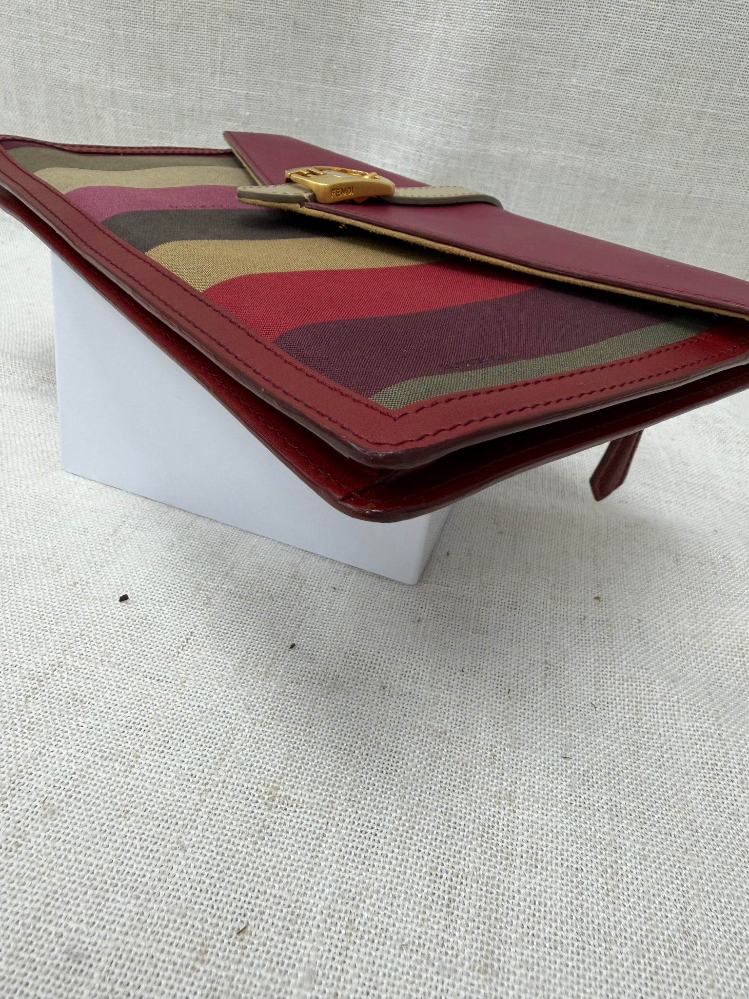 Fendi Magenta Leather & Pequin Canvas Envelope Clutch