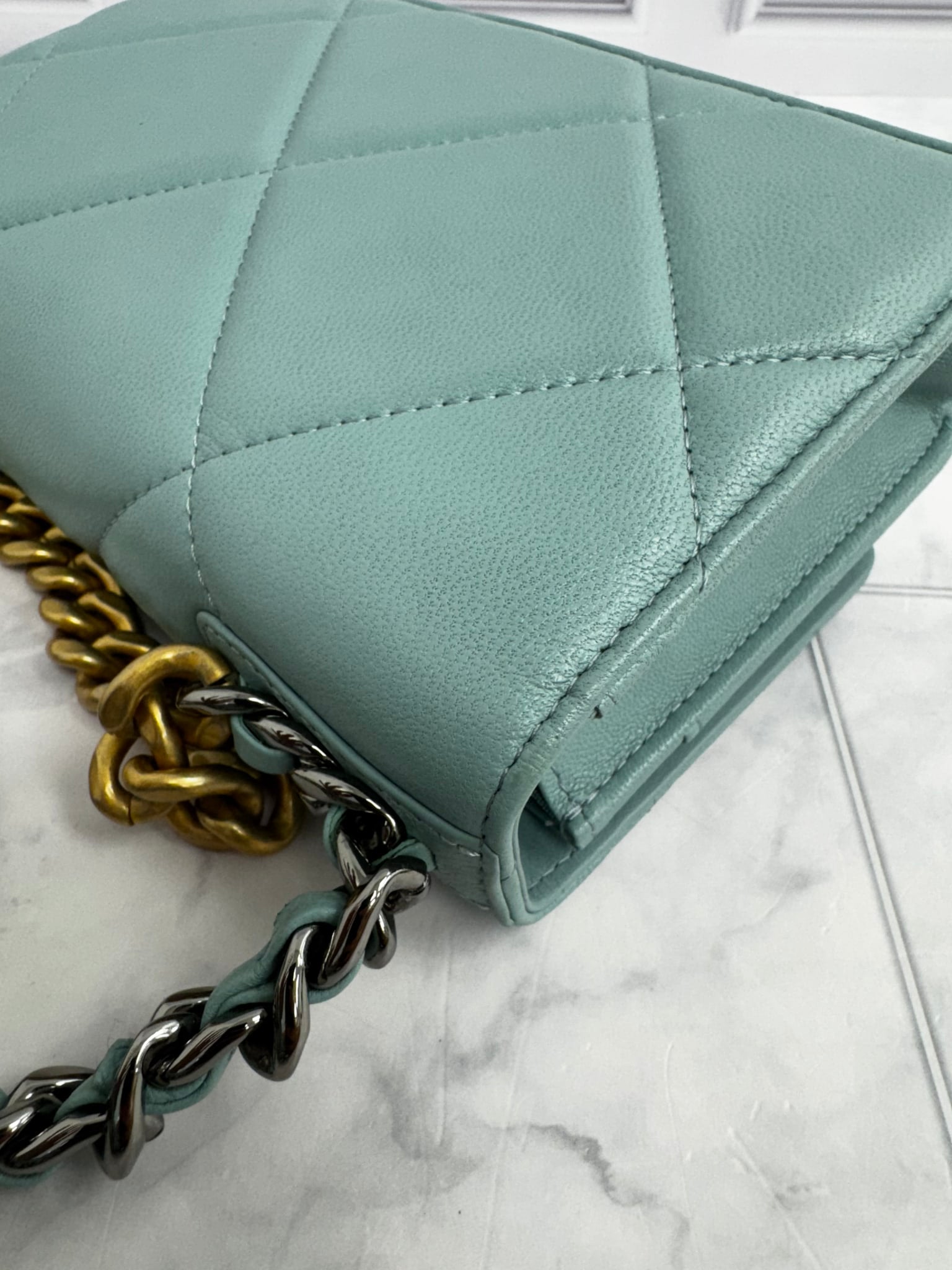 Chanel 19 Teal Quilted Lambskin Leather Wallet On A Chain