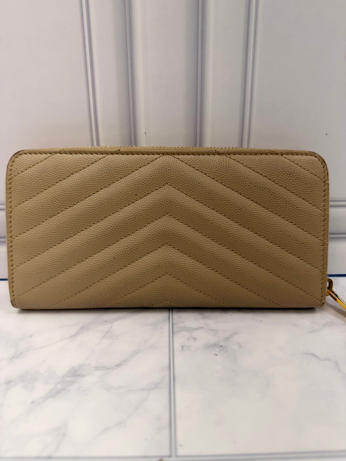 Saint Laurent YSL Tan Grained Calfskin Cassandre Matelasse Zip Around Wallet 