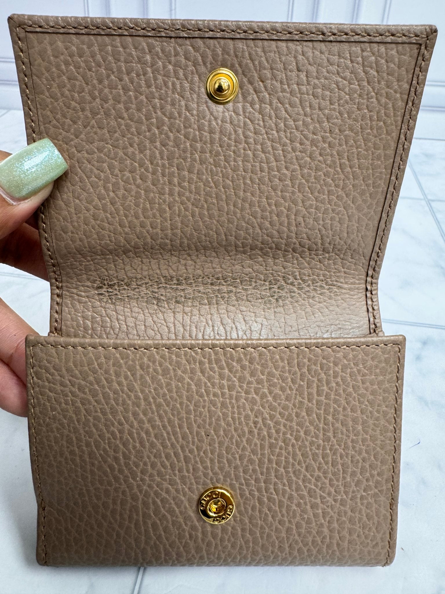 Gucci Beige Grained Leather GG Marmont Compact Trifold Wallet