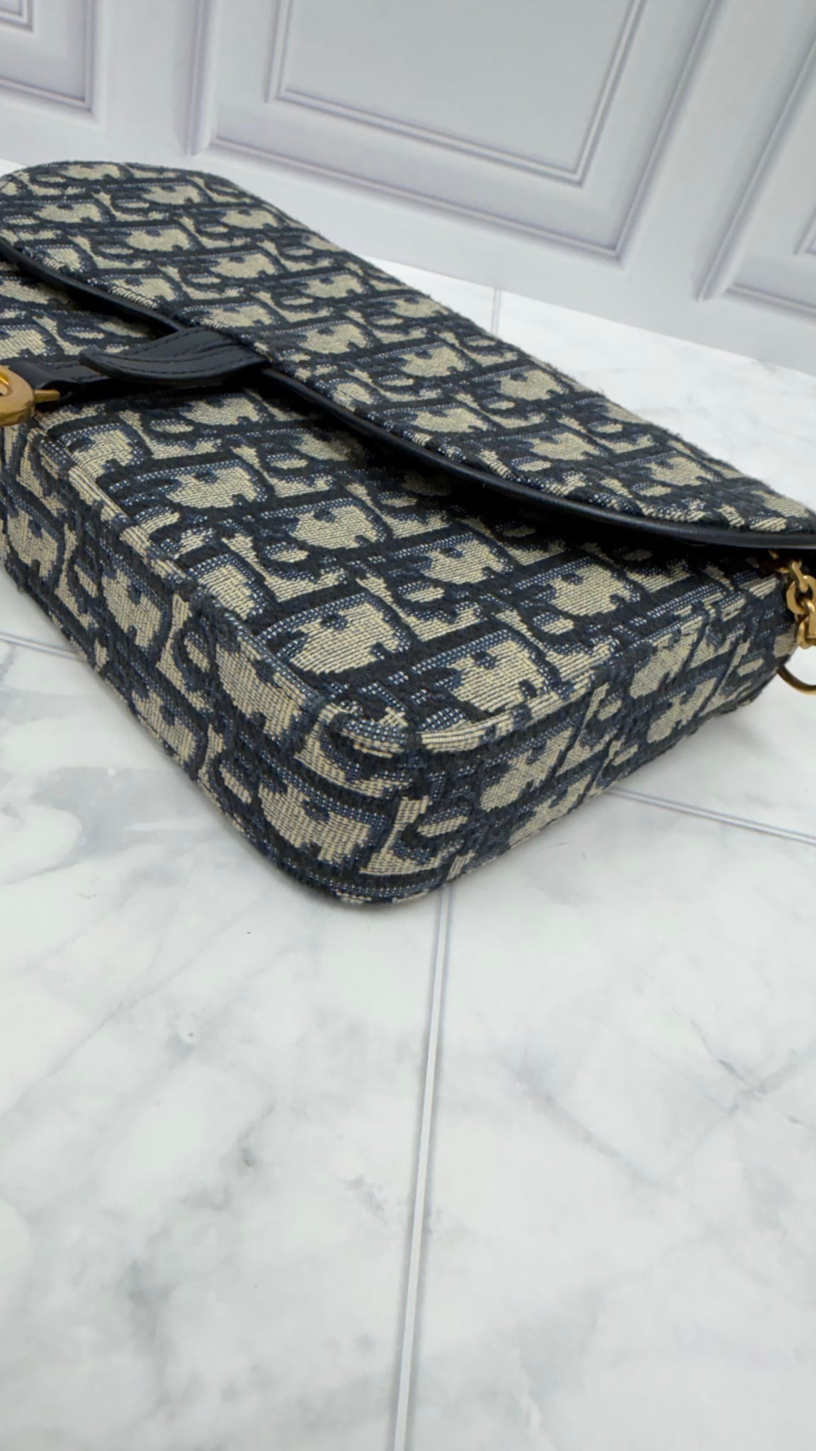 Christian Dior Blue Jacquard Saddle Pouch with a Chain 