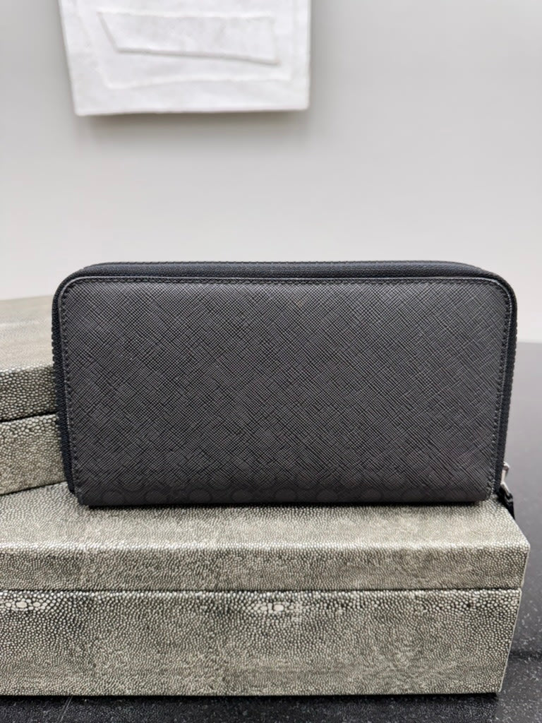 Salvatore Ferrgamo Black And Gray Coated Canvas Double Zippy Wallet