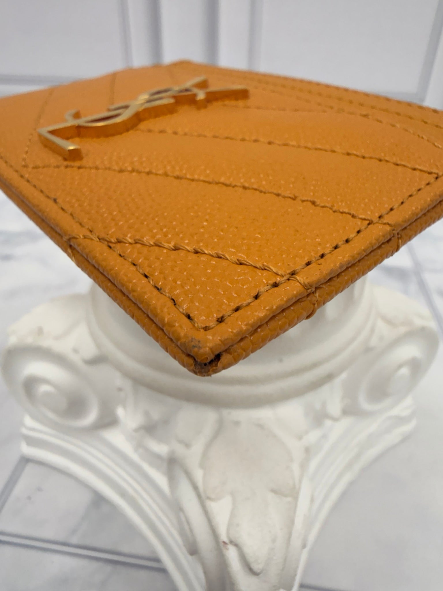 LIKE NEW - Saint Laurent YSL Mustard Grain De Poudre Leather Cassandre Matelasse Card Case 