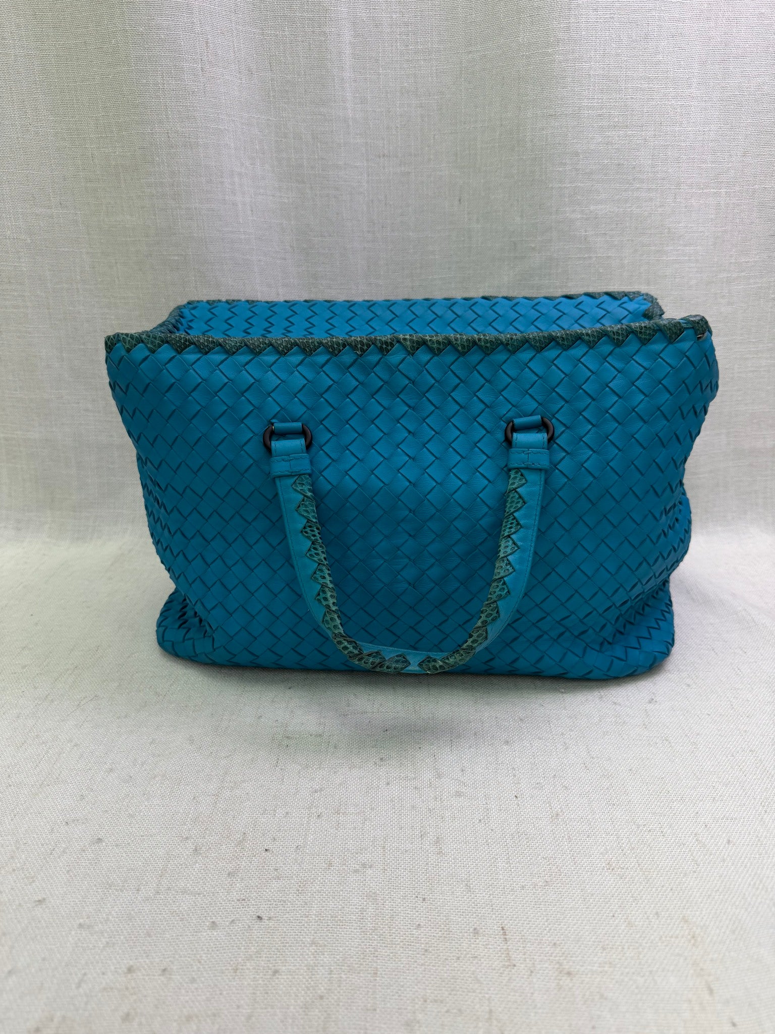 Bottega Veneta Turquoise Intrecciato Leather & Python Large Brick Tote Bag