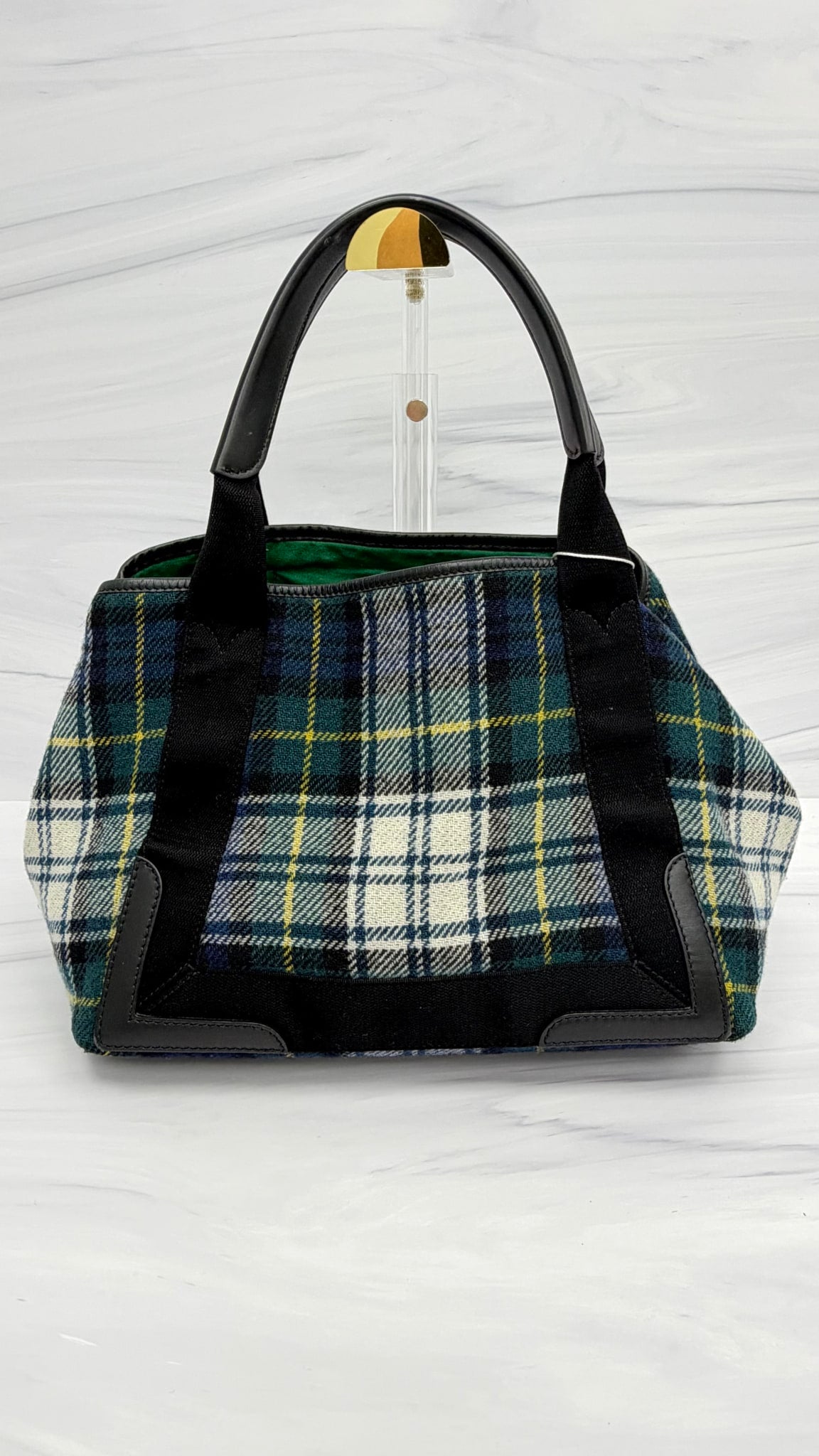 Balenciaga Green And Blue Plaid Wool Tote Bag 