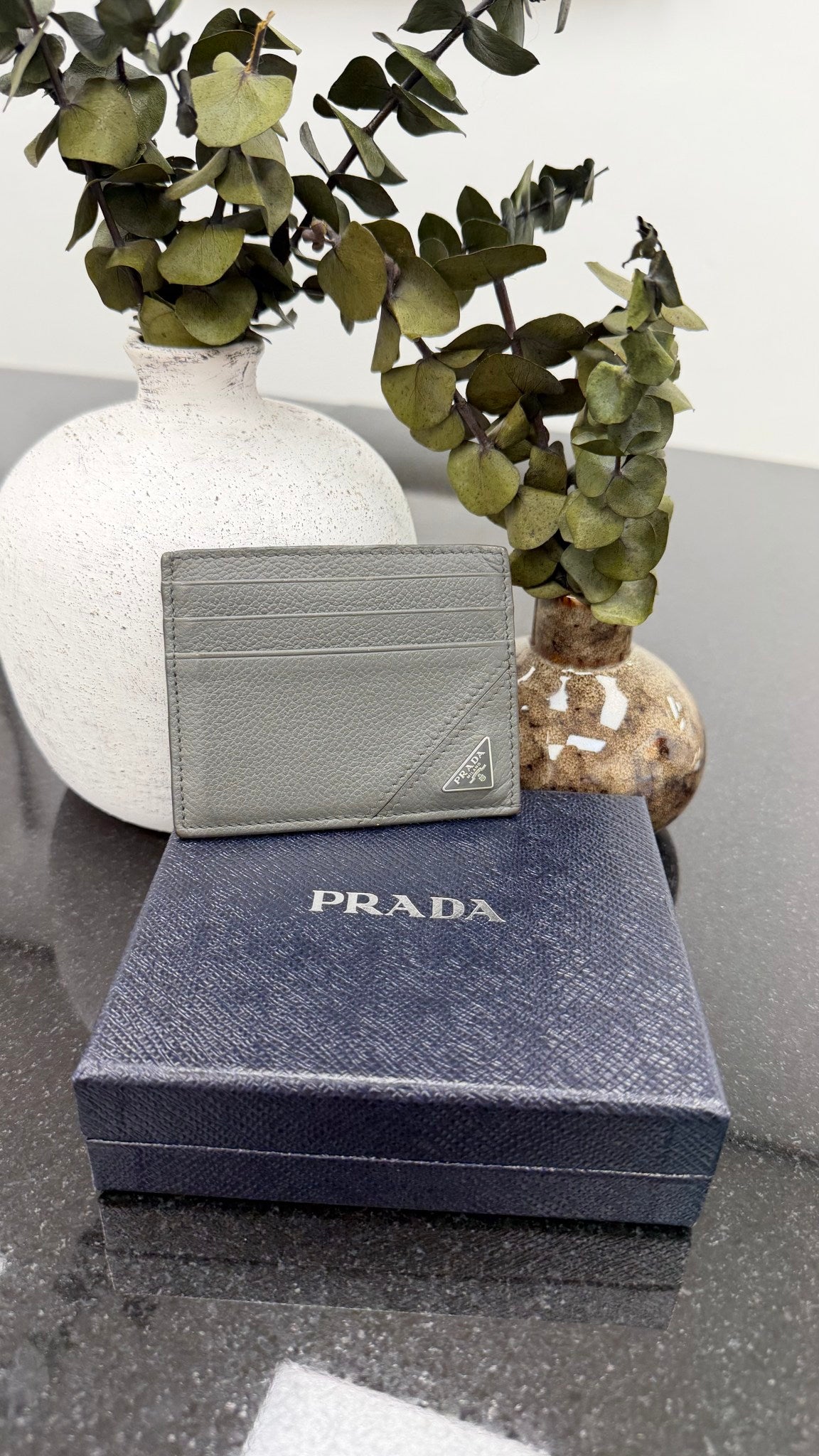 Prada Grey Grained Leather Card Holder 