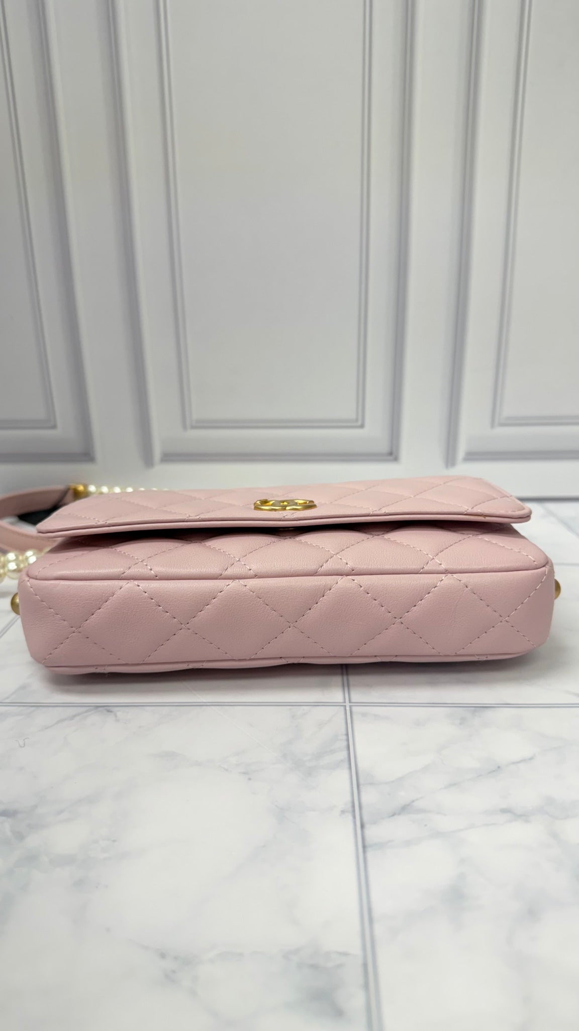 Chanel Pink Lambskin Quilted Leather Pearl Wallet On A Chain 