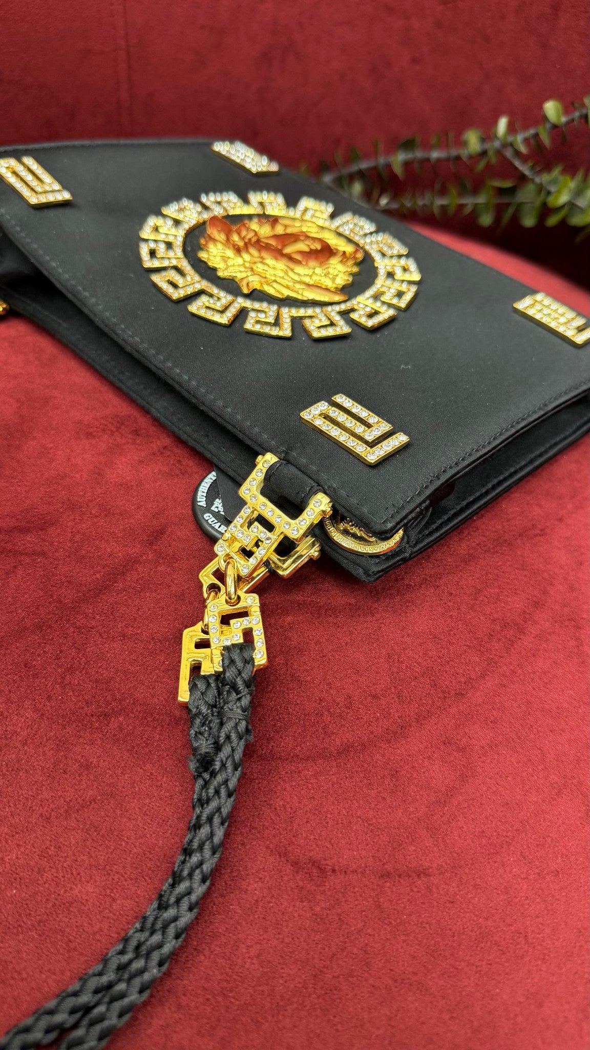 Versace Gianni Vintage 1992 Black Satin Gold Rhinestone Medusa Bag