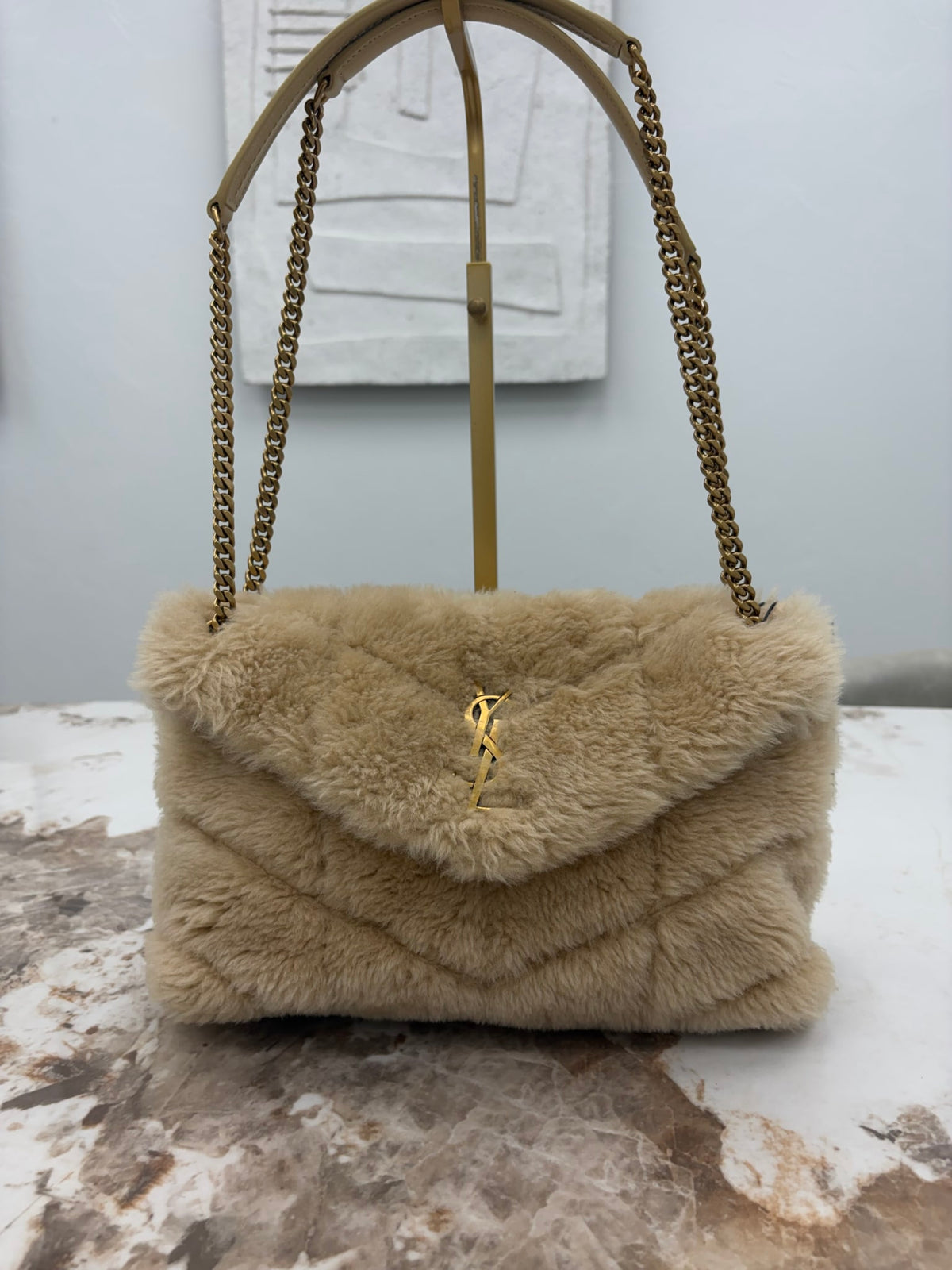 BRAND NEW - Saint Laurent YSL Beige Puffer Shearling Small Shoulder Bag