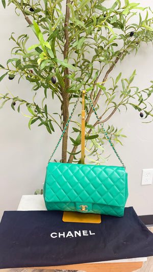 LIKE NEW - Chanel Green Quilted Lambskin Leather Flap Bag