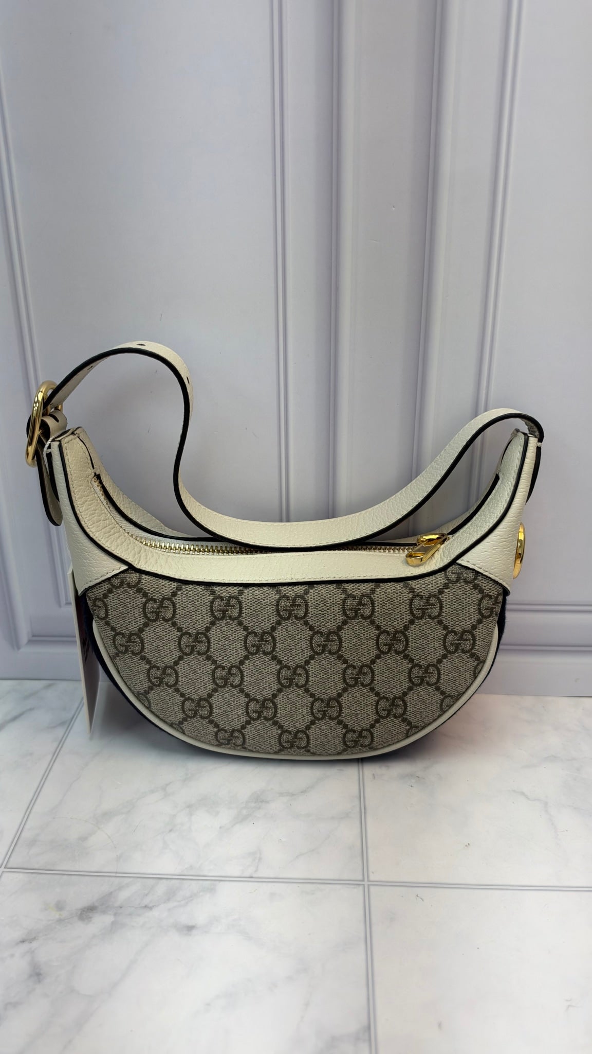 Gucci Beige GG Supreme Monogram Mini Ophidia Half Moon Hobo