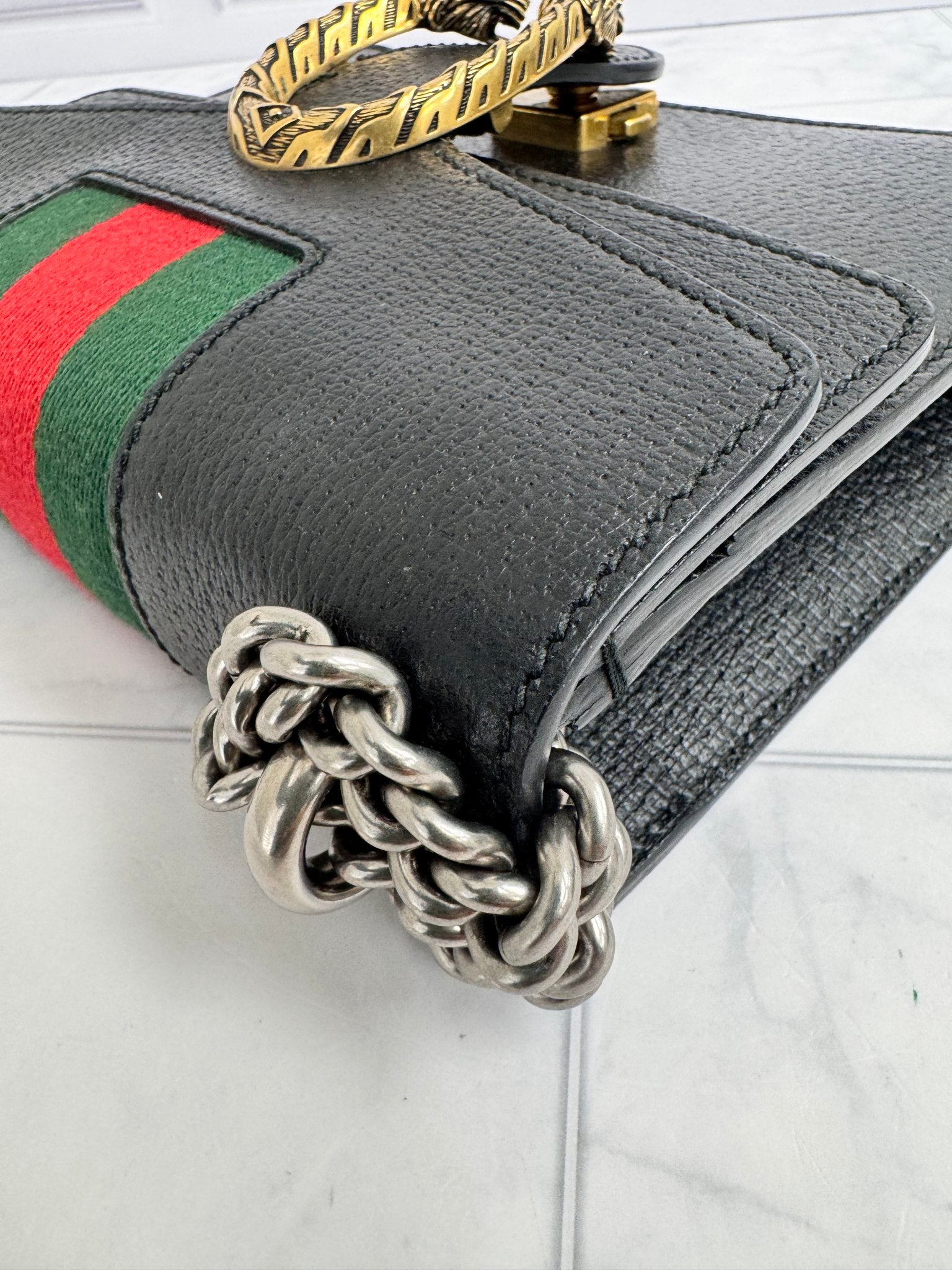Gucci Black Grained Leather Dionysis Mini Chain Shoulder Bag