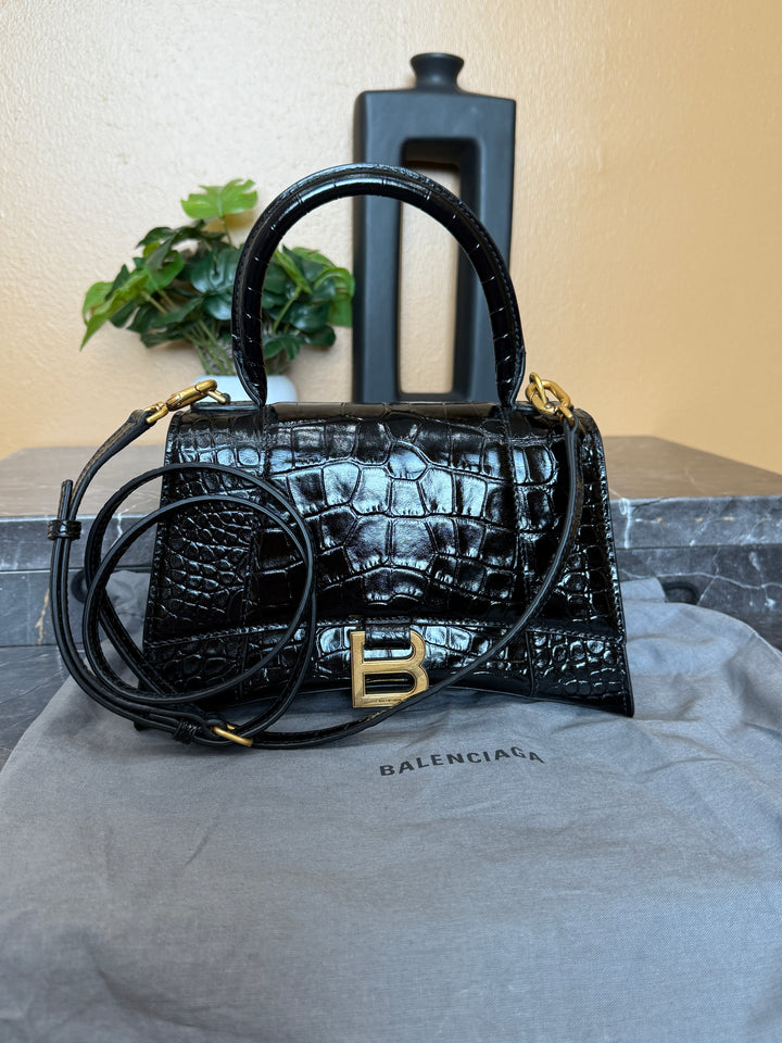 Balenciaga Black Croc Embossed Small Hourglass Top Handle