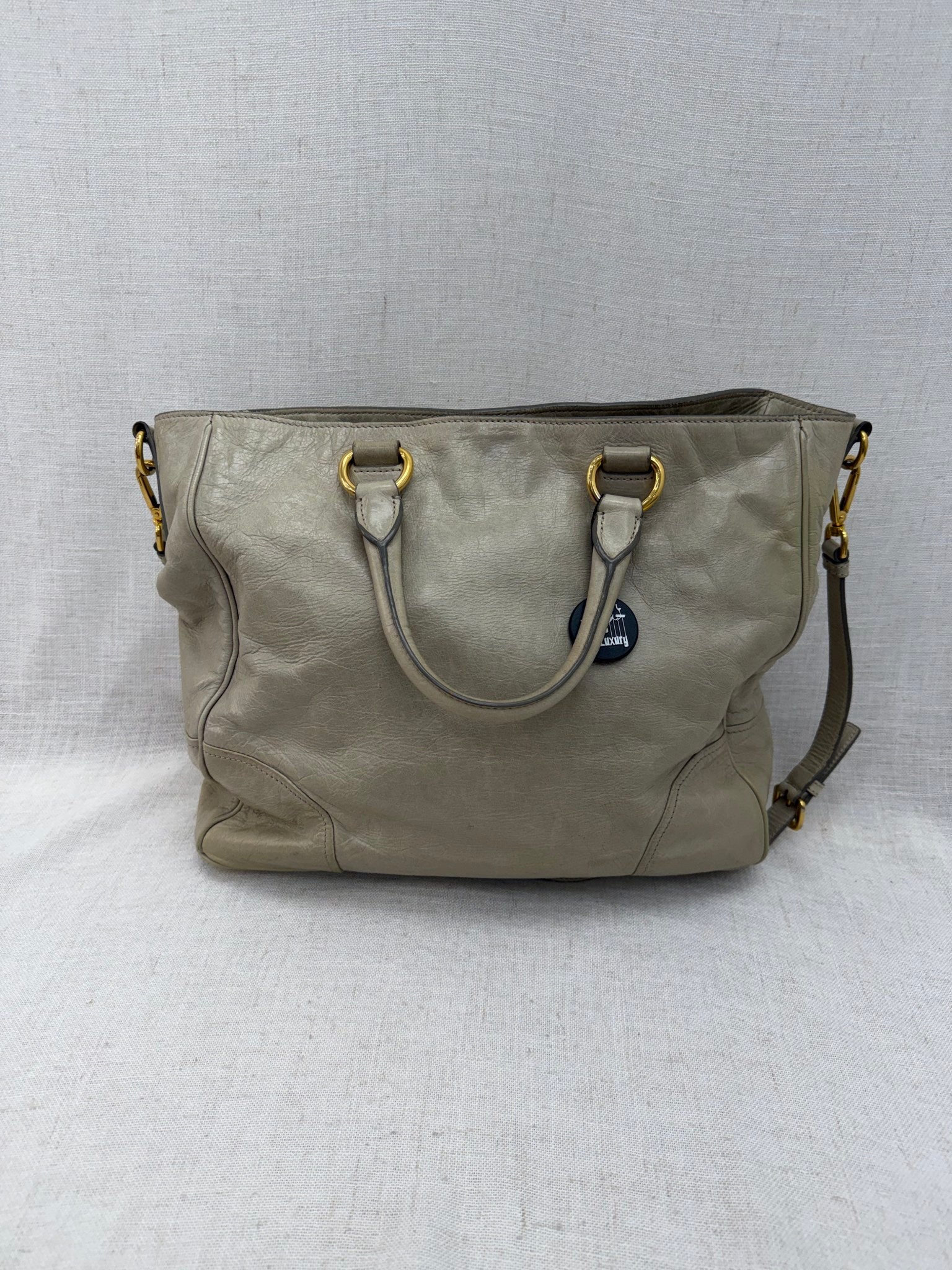 Prada Beige Crinkle Shine Leather 2way Tote Bag