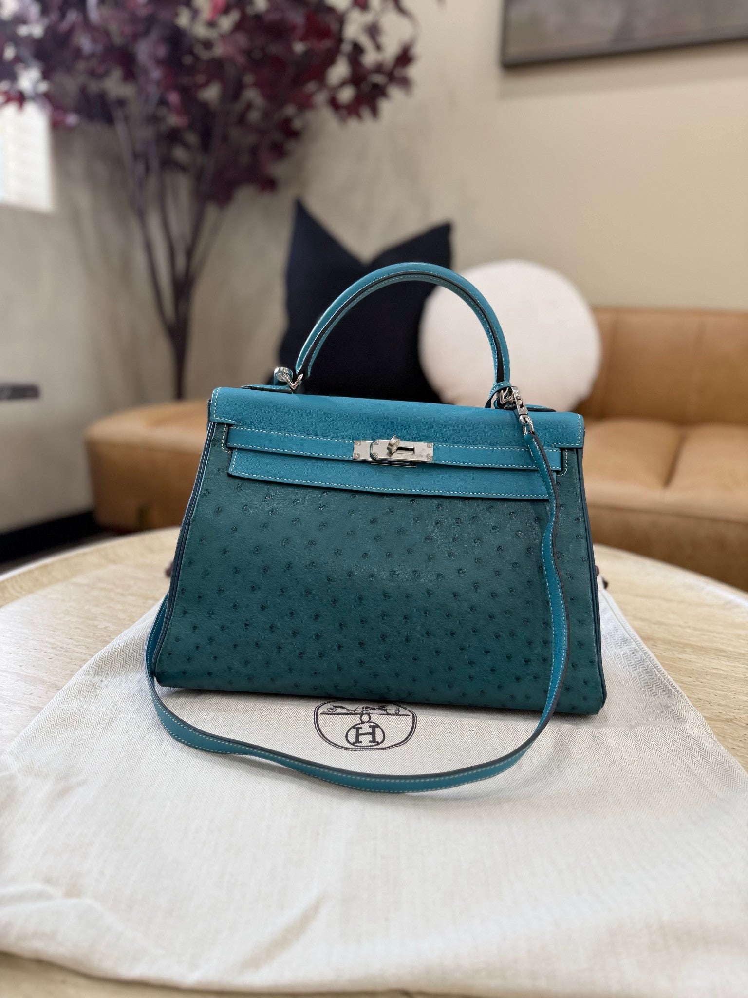 Hermes Turquoise Ostrich & Swift, Clemence Leather Kelly 32