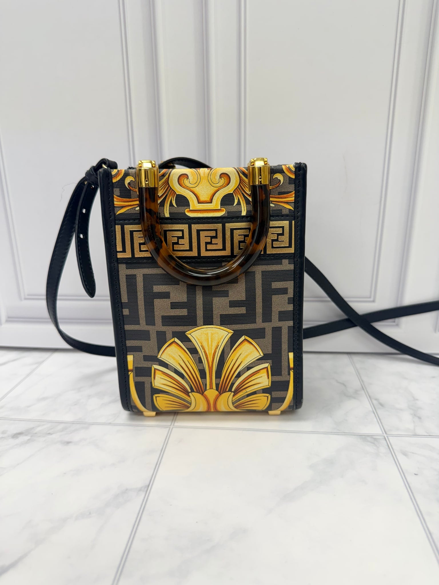 Fendi Yellow And Black Leather Fendace Mini Sunshine Shopper Crossbody Bag