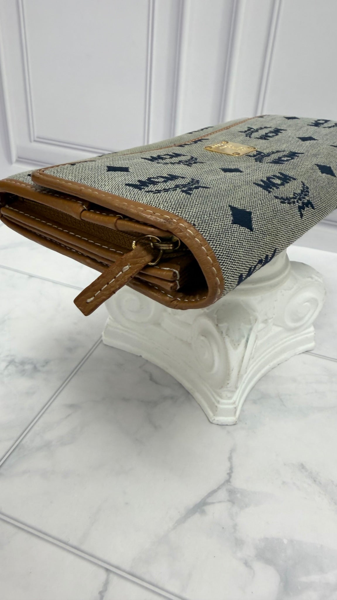 MCM Blue Denim & Brown Leather Long Wallet
