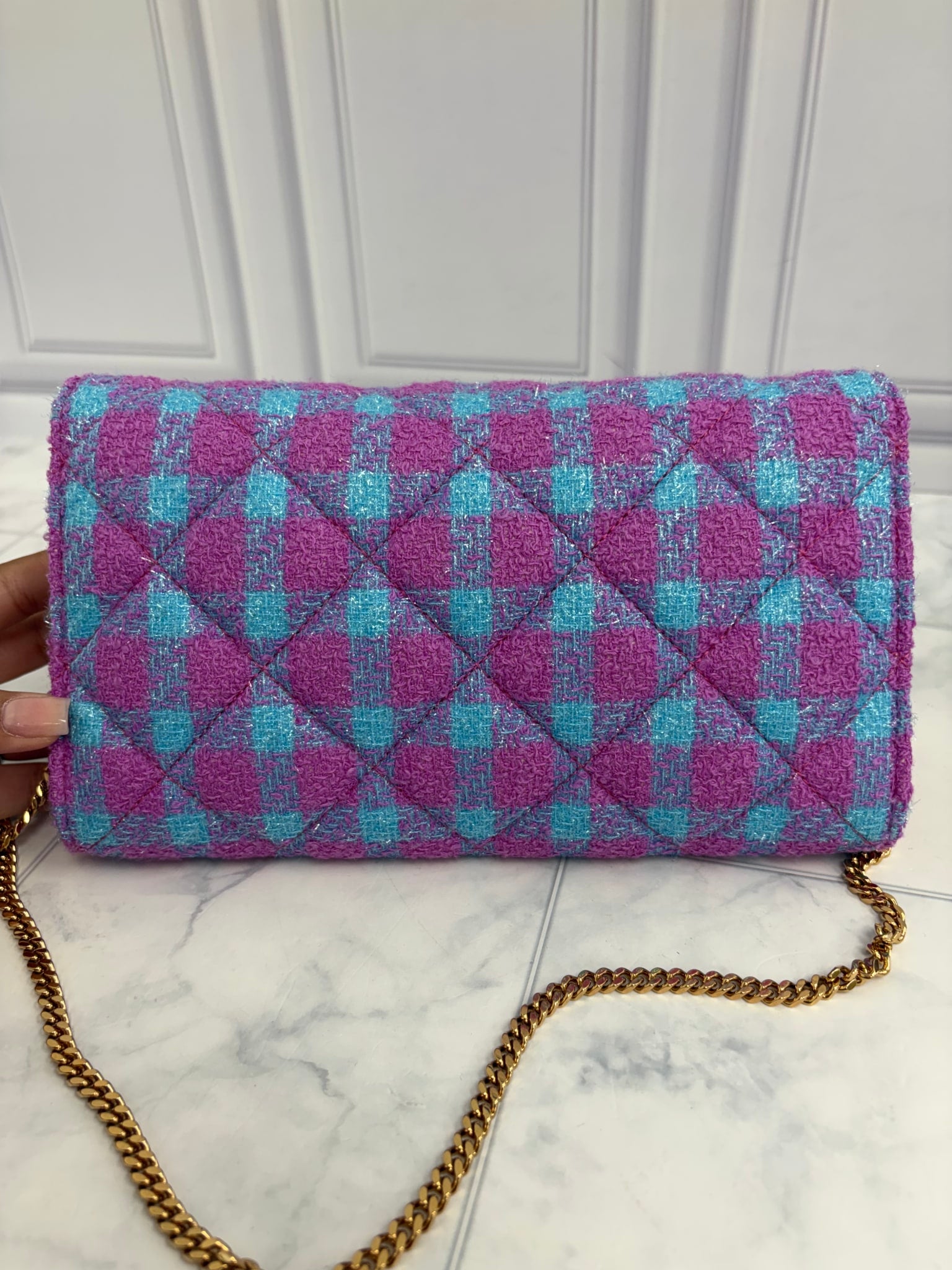 Versace Blue & Purple Tweed Medusa Head Flap Crossbody