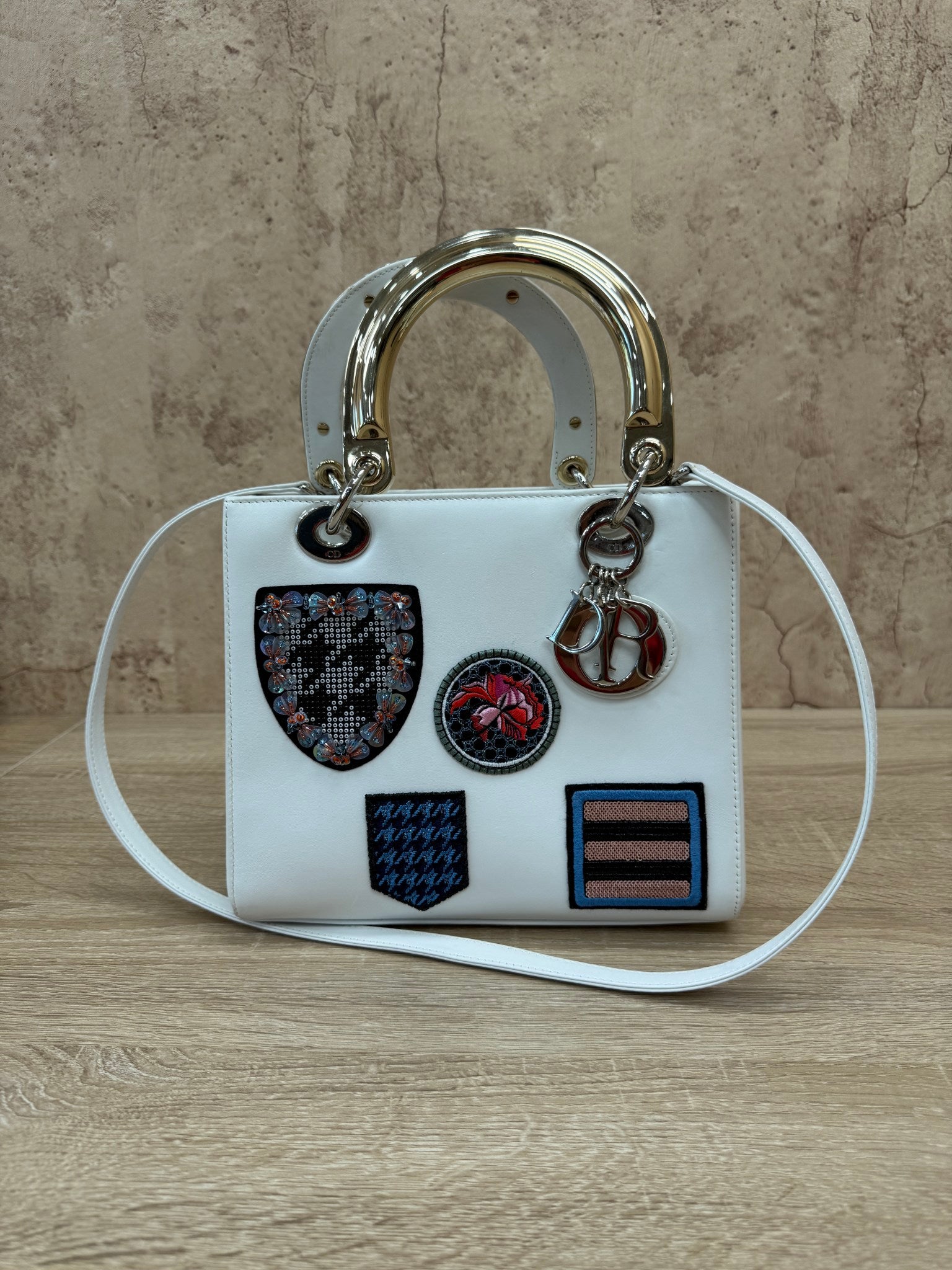 Christian Dior White Leather Patch Embellished Medium Lady Dior