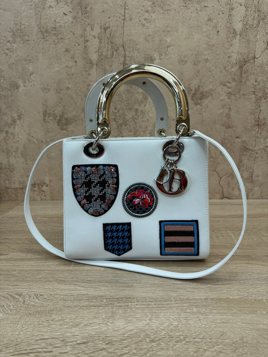 Christian Dior White Leather Patch Embellished Medium Lady Dior