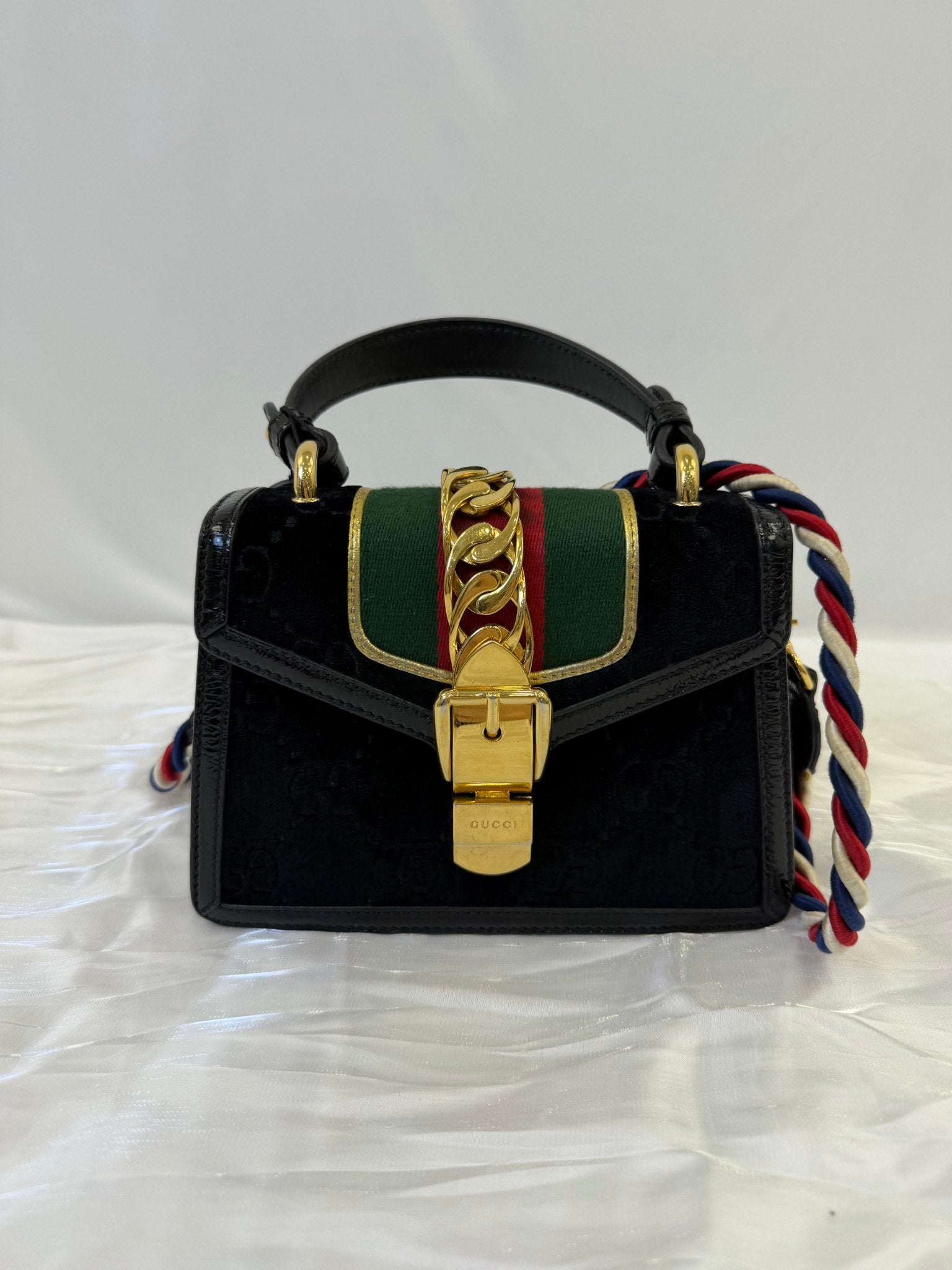 Gucci Black Velvet Sylvie Top Handle Bag