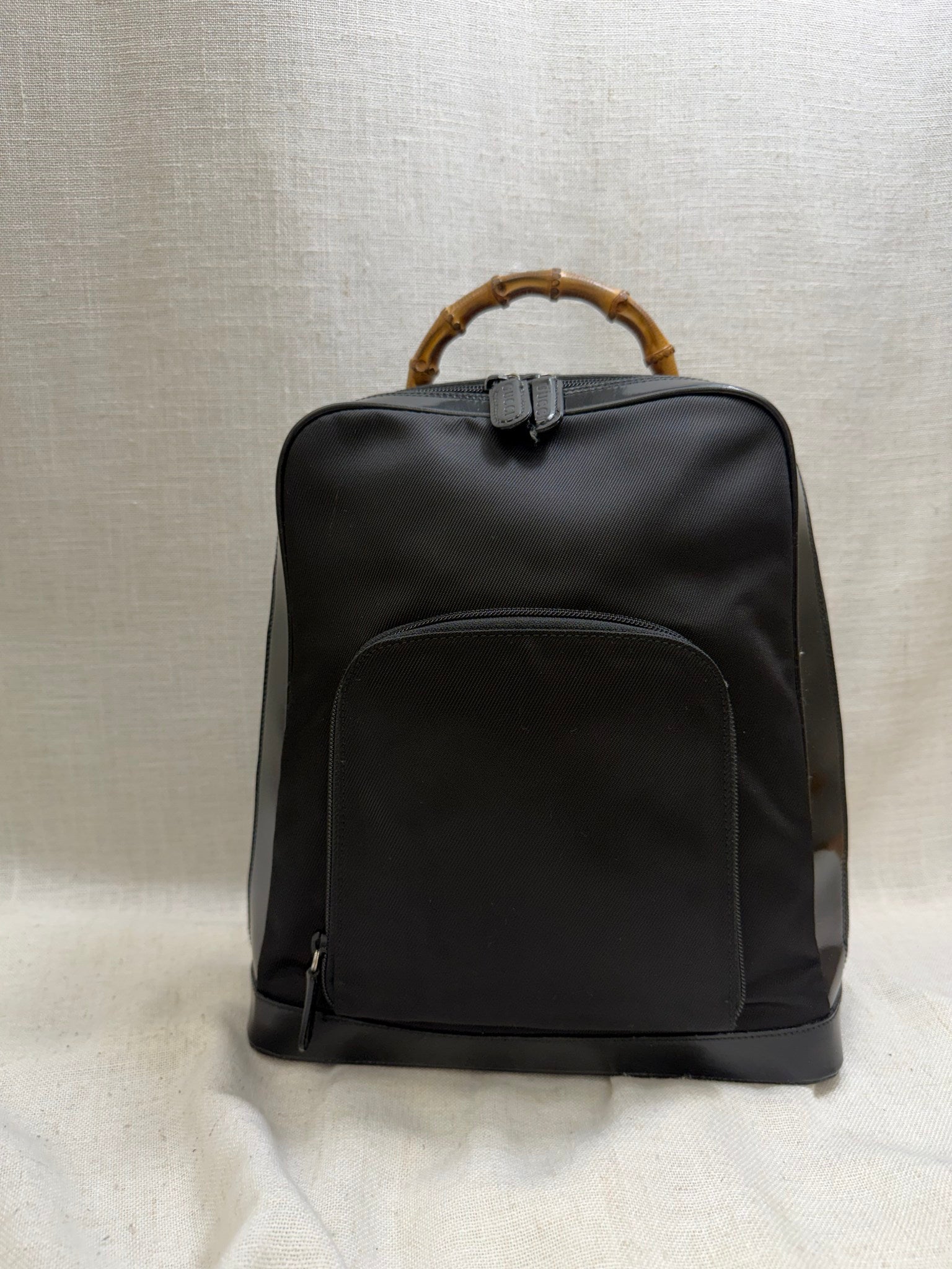 Gucci Black Nylon And Patent Leather Bamboo Sling Backpack