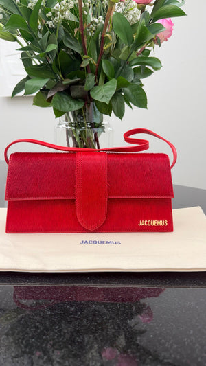 BRAND NEW - Jacquemus Red Pony Hair Le Bambino Long Shoulder Bag