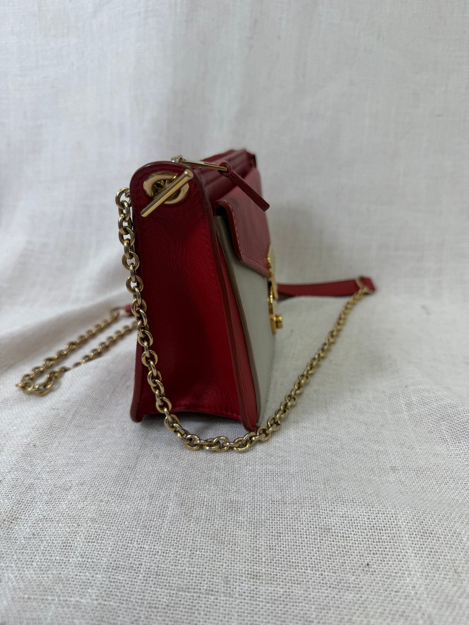 Celine Red And White Two Toned Leather Chain Shoulder Bag
