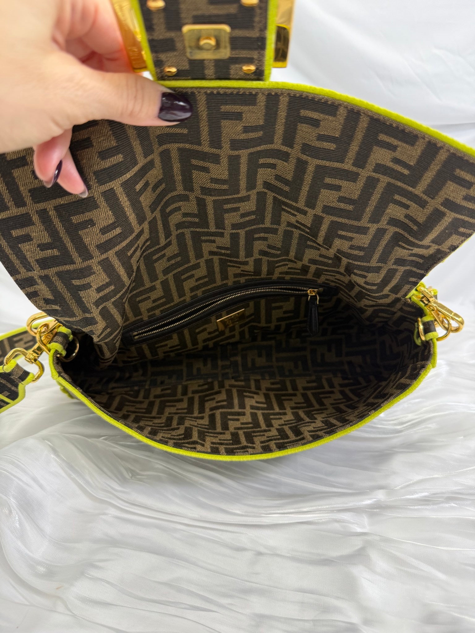 Fendi Brown & Green Zucca Large Baguette 2Way Bag
