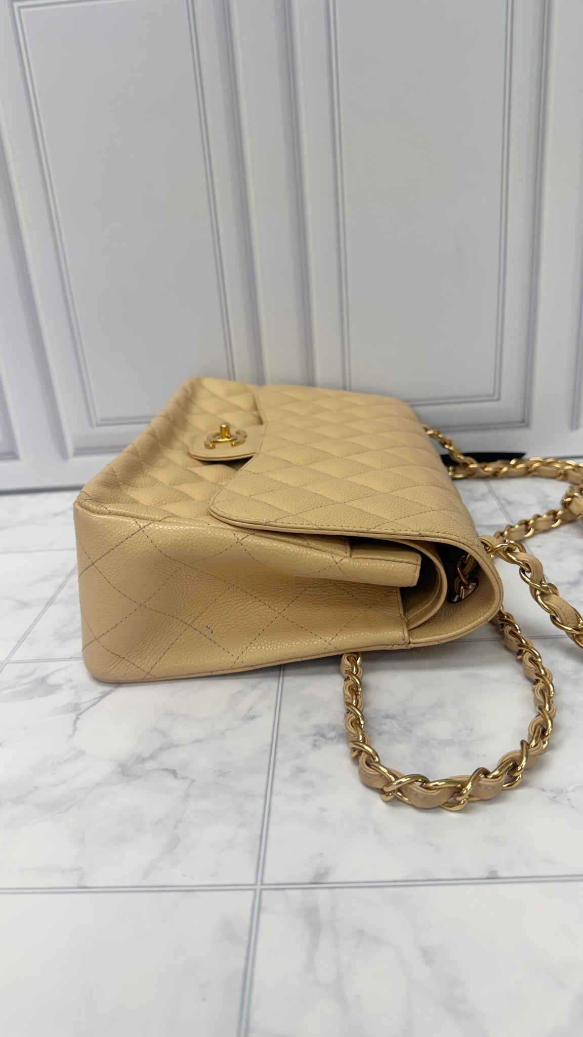 Chanel Beige Caviar Leather Large Double Flap Bag 