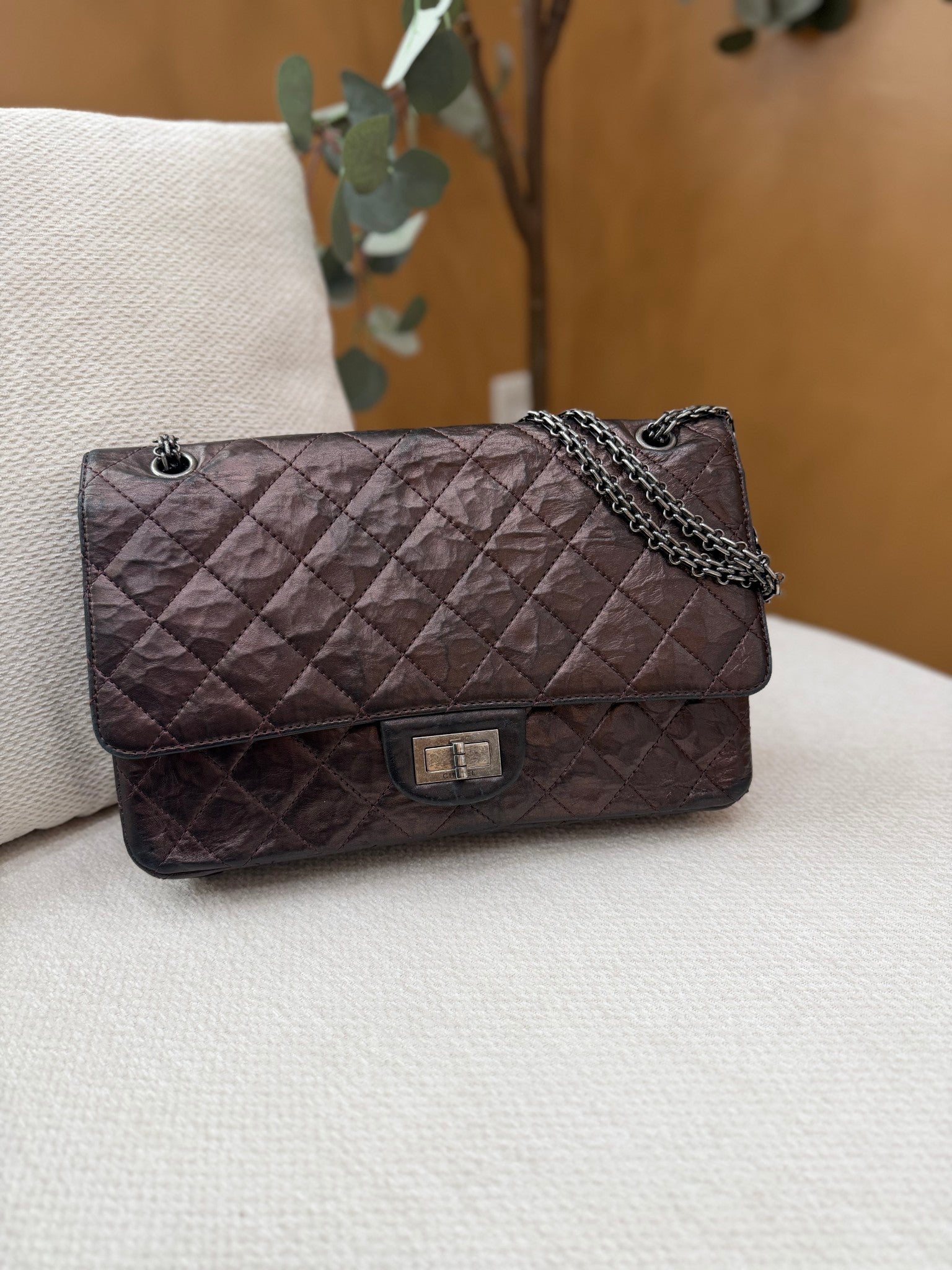 Chanel Brown Bronze Quilted Crinkled Leather Large Reissue 2.55 Flap Bag