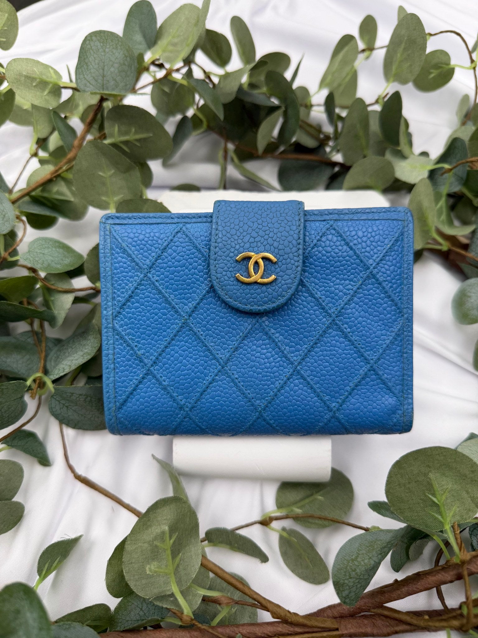 Chanel Blue Quilted Caviar Kisslock Compact Wallet