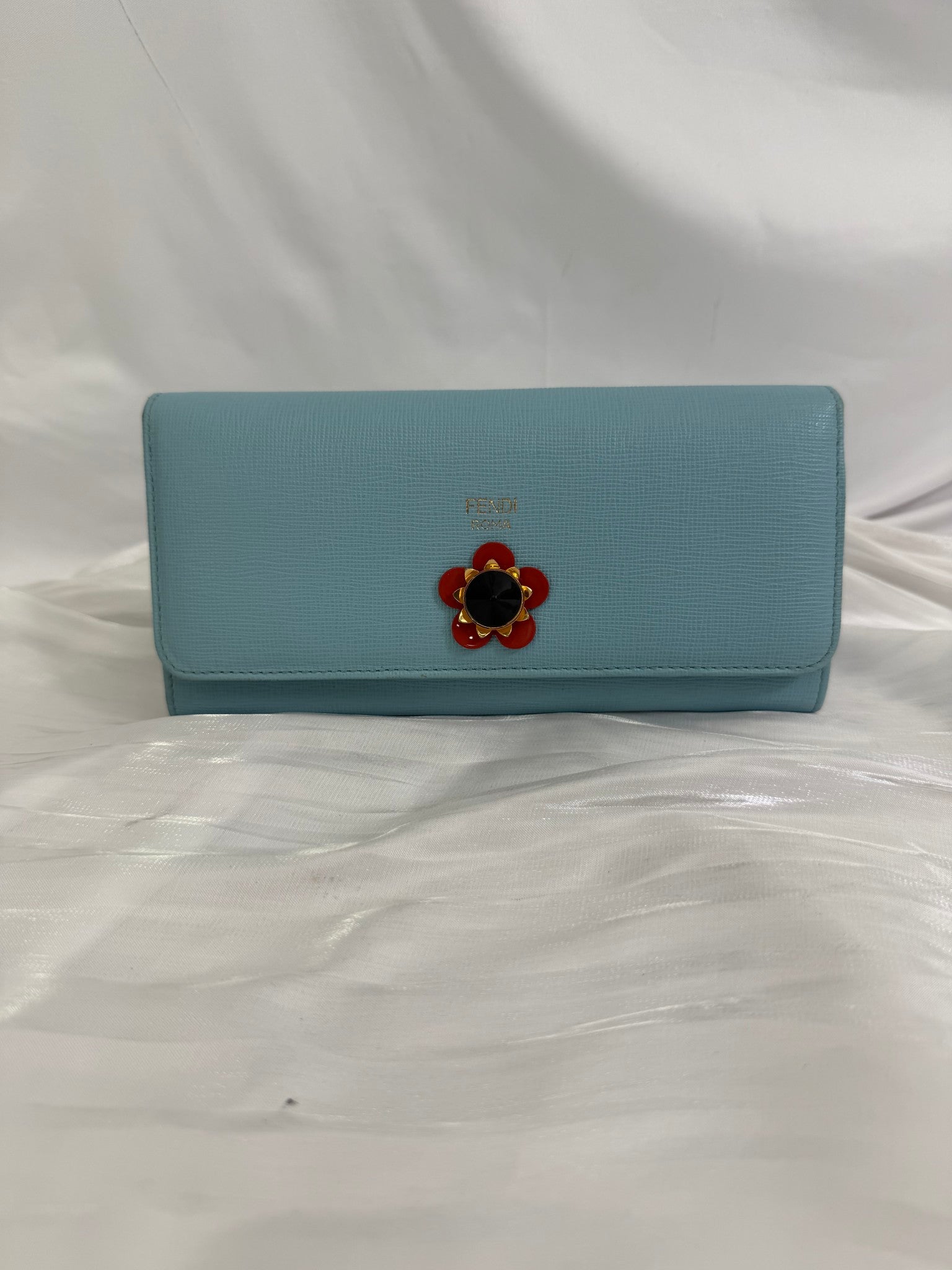 Fendi Light Blue Leather Flower Continental Wallet