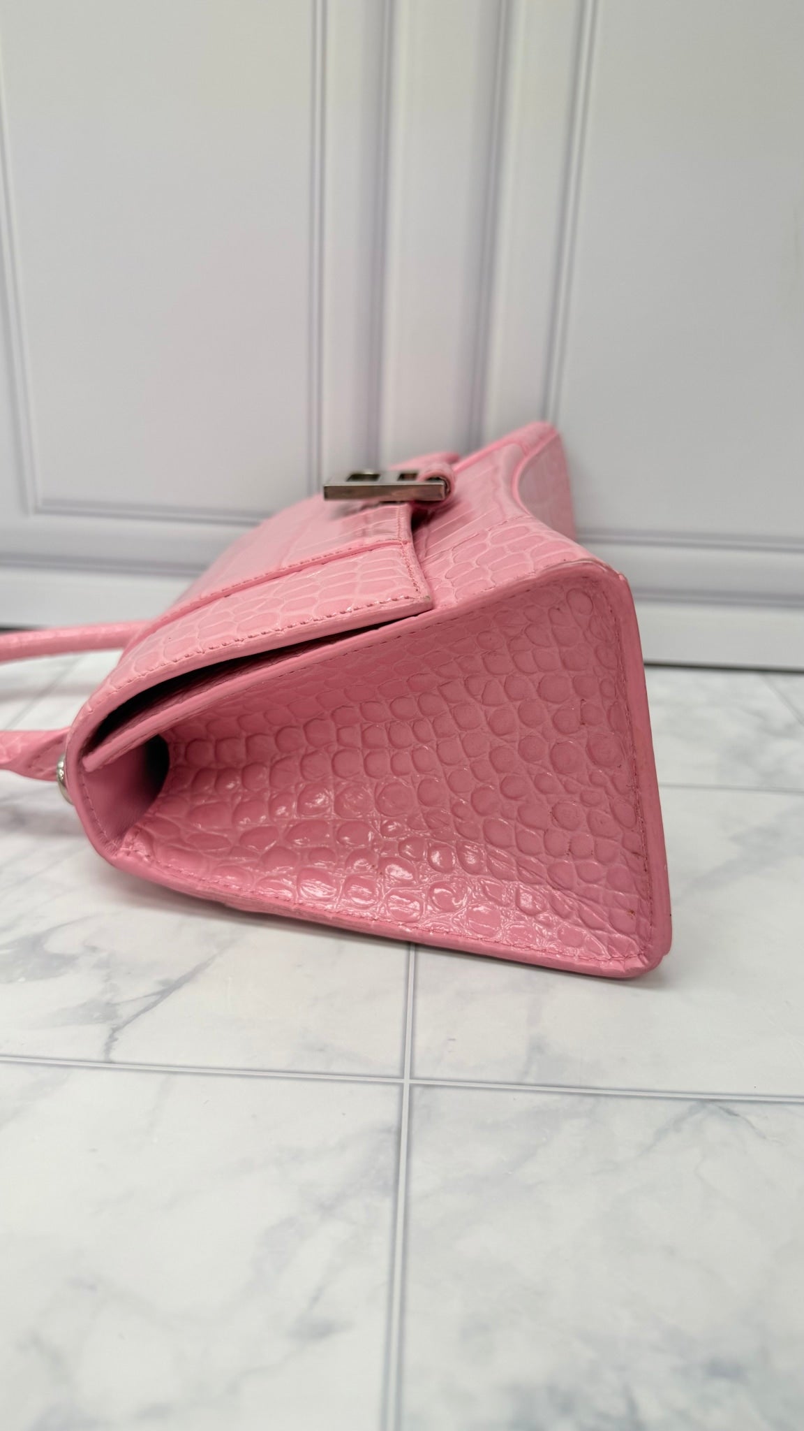 Balenciaga Pink Croc Embossed Leather Hourglass Top Handle Bag 