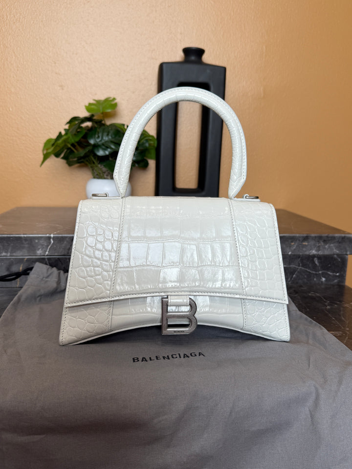 Balenciaga White Croc Embossed Small Hourglass Top Handle Bag