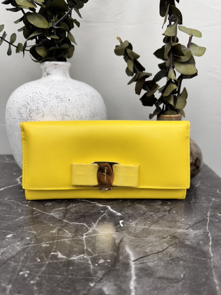 Salvatore Ferragamo Yellow Saffiano Leather Vara Bow Long Wallet