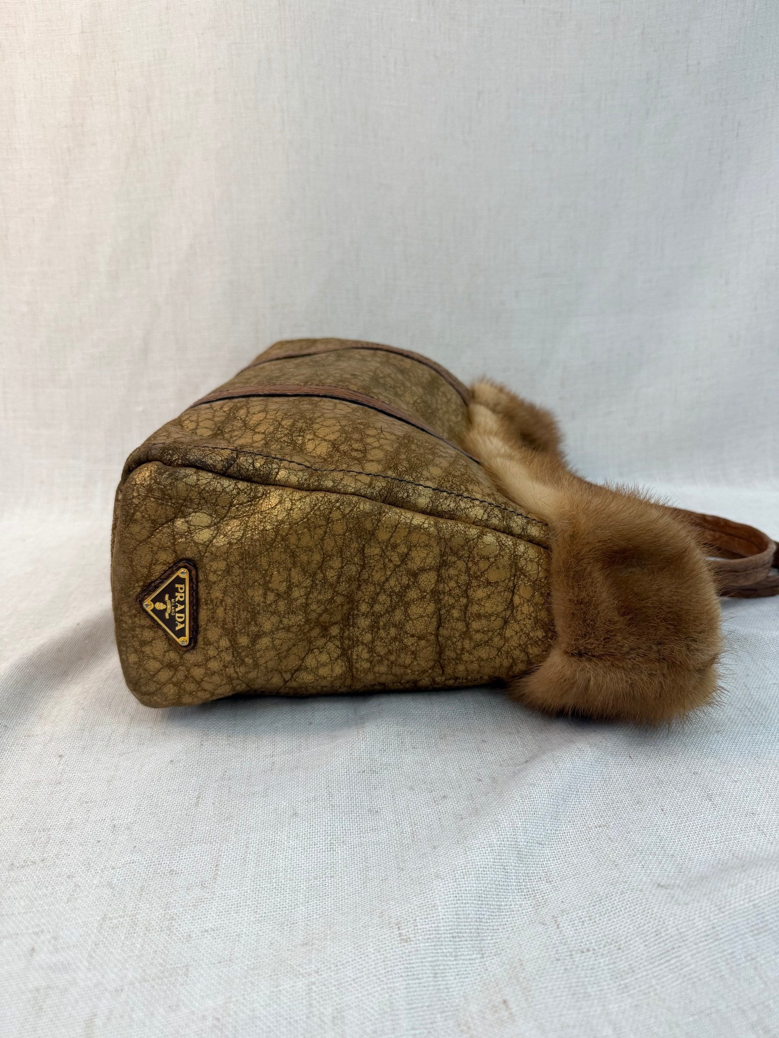 Prada Gold Distressed Sheepskin And Mink Trim Bag