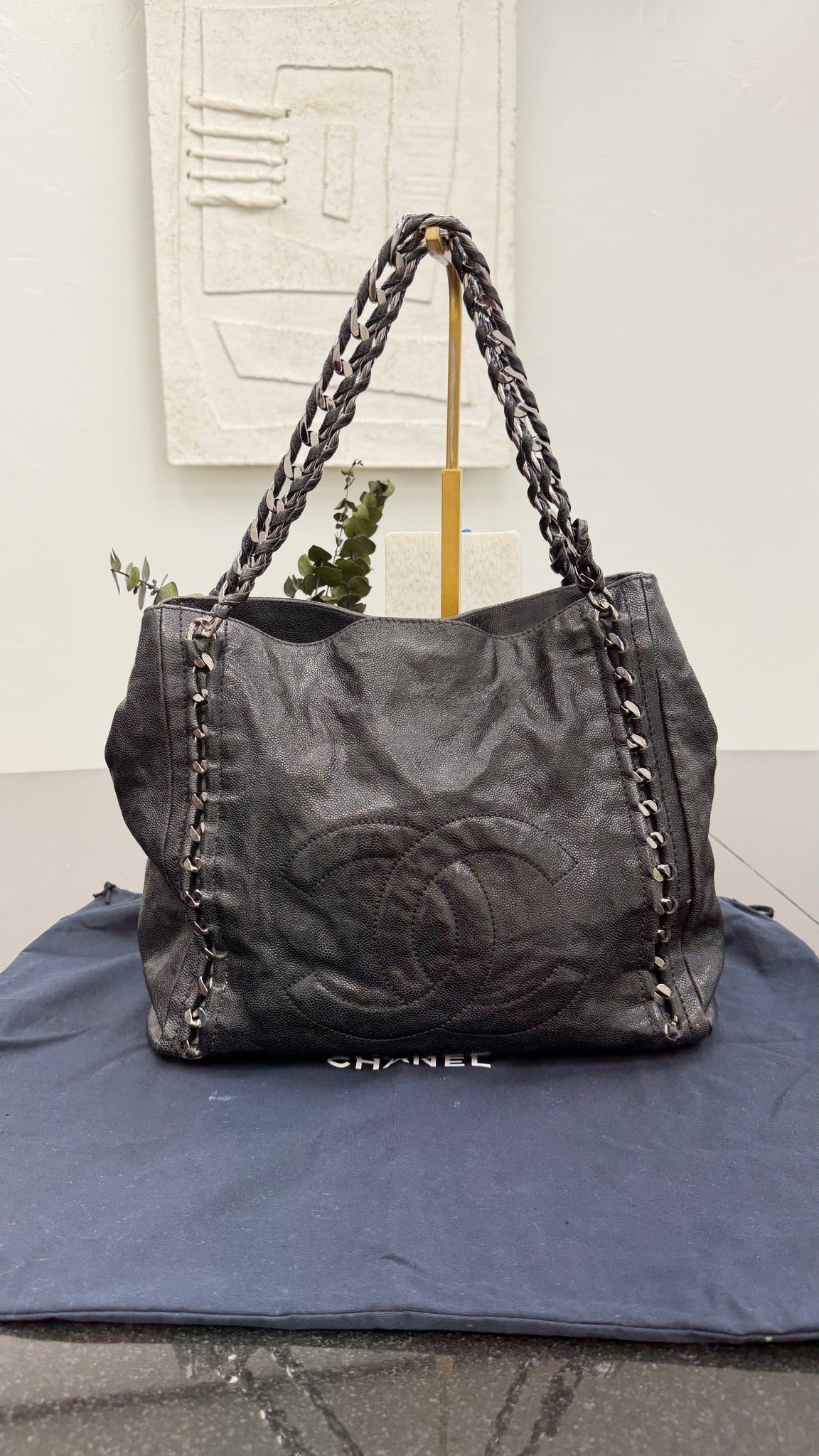 Chanel Black Caviar Leather CC Chain Shoulder Tote