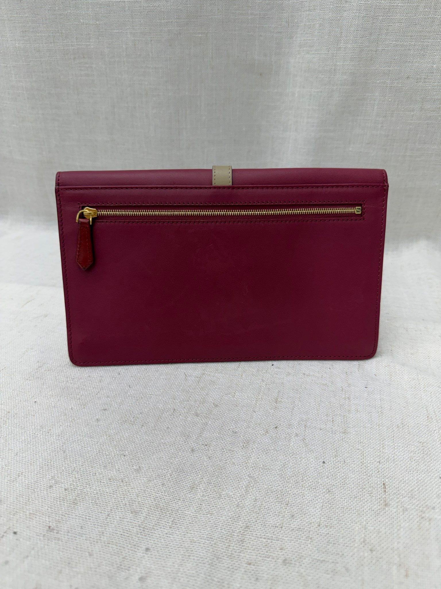 Fendi Magenta Leather & Pequin Canvas Envelope Clutch
