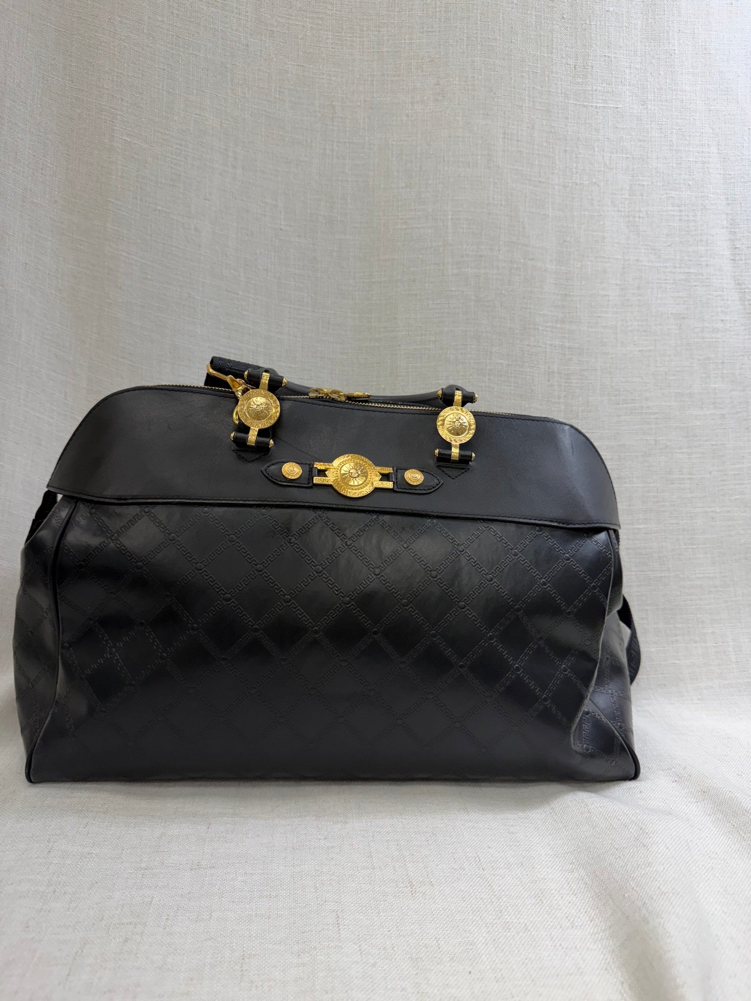 Versace Black Leather Sunburst Boston Bag 