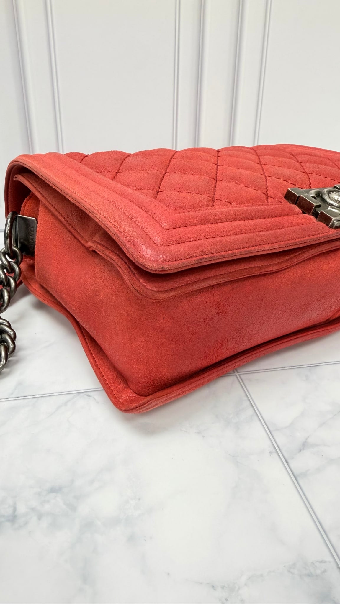 Chanel Red Quilted Suede Leather Medium Boy Flap Bag 