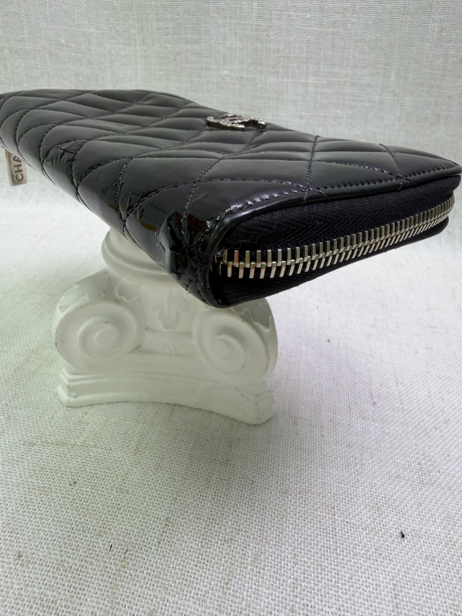 Chanel Black Quilted Patent Leather Zippy Wallet