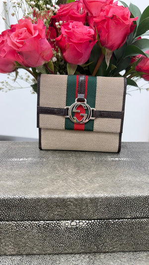 Gucci Vintage Beige & Brown Canvas Interlocking G Web Compact Wallet