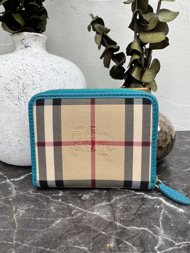 Burberry Teal House Check Canvas And Leather Compact Zippy Wallet