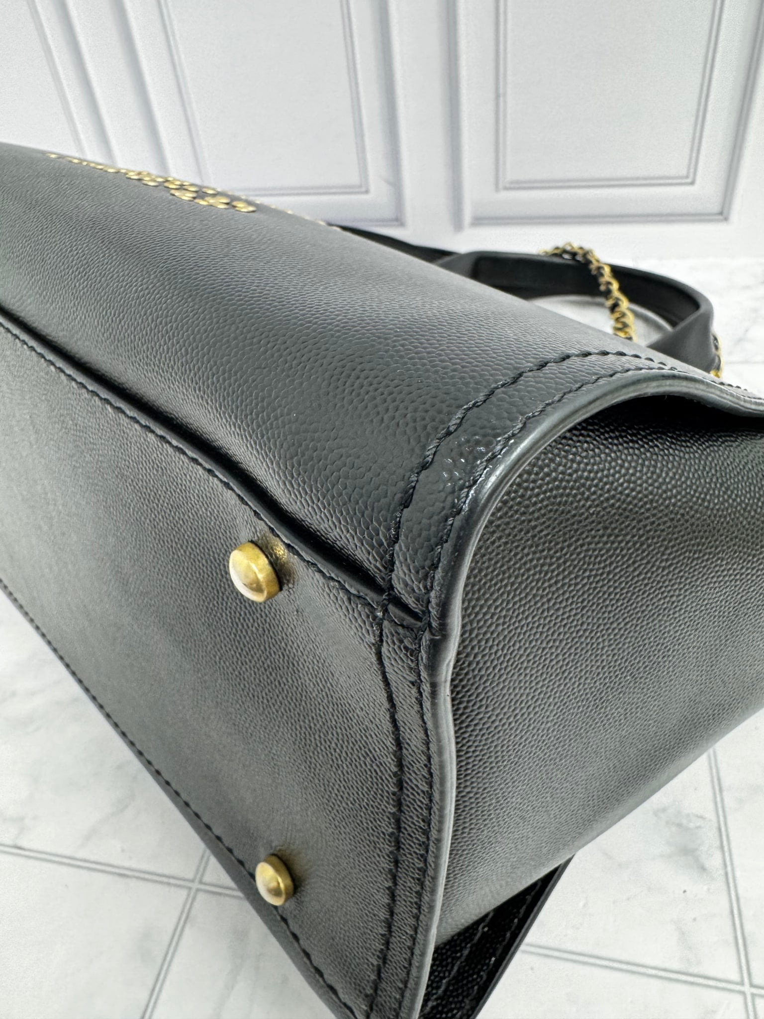Chanel Black Caviar Leather Deauville Studded Small Tote Bag