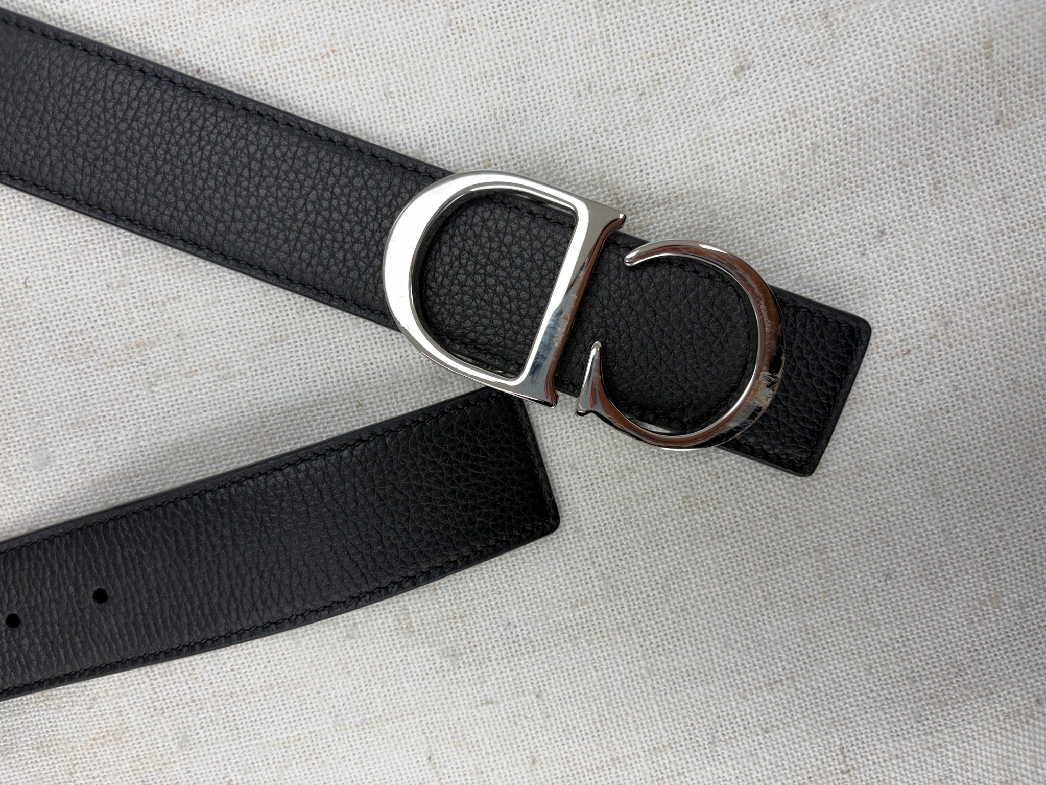 Christian Dior Black Leather Silver CD Belt