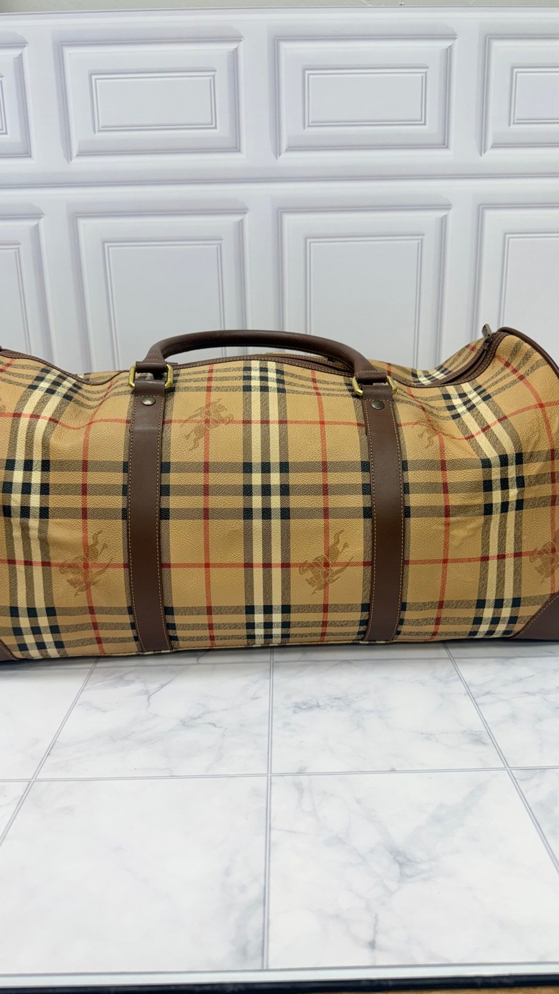 Burberry Beige Haymarket Check Pattern Boston Travel Bag 
