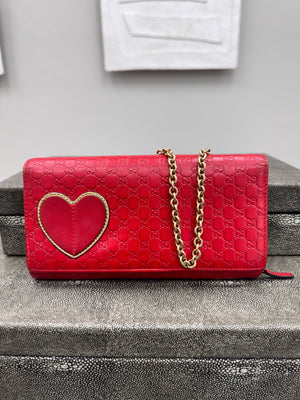 Gucci Red Leather Microguccissima Heart Wallet On A Chain