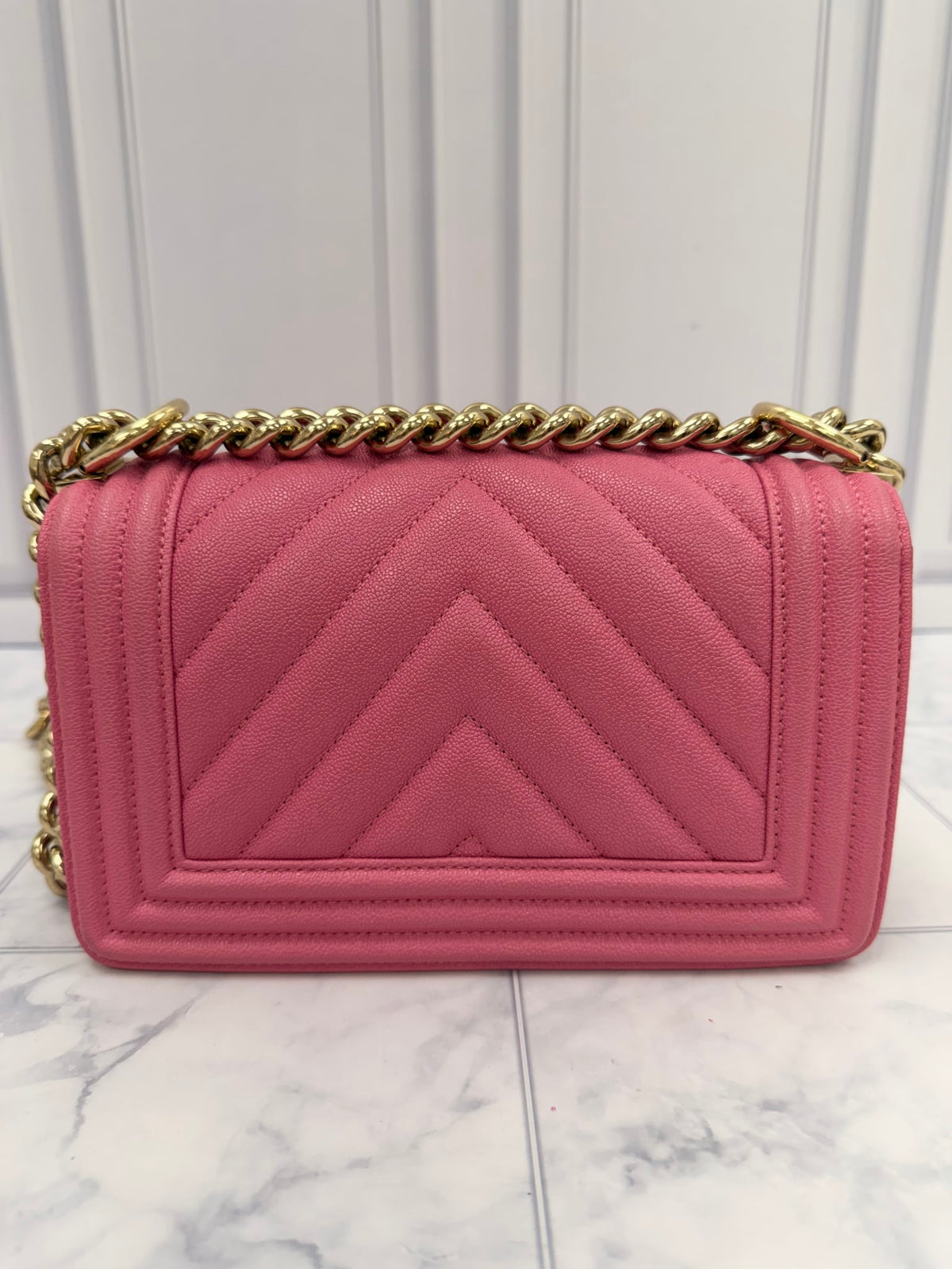 Chanel Pink Chevron Quilted Caviar Leather Boy Flap Bag
