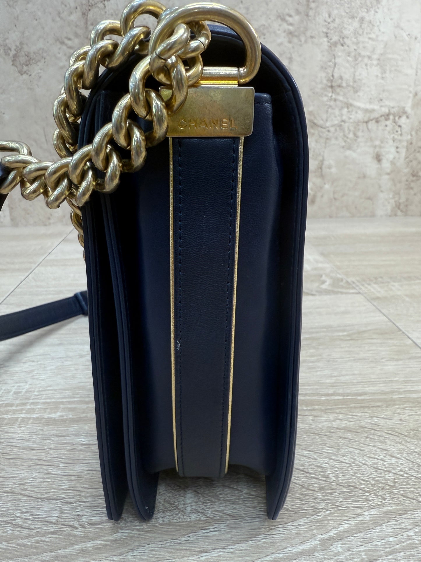Chanel Navy Lambskin Braided Woven Boy Flap